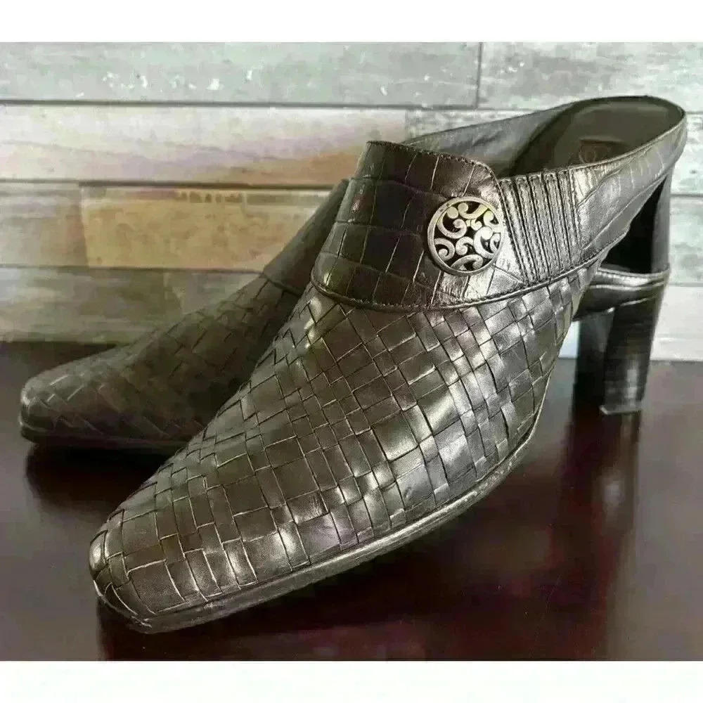 Brighton Tryst Women's 9.5 M Brown Leather Slip-On Woven Slide Heels Mules